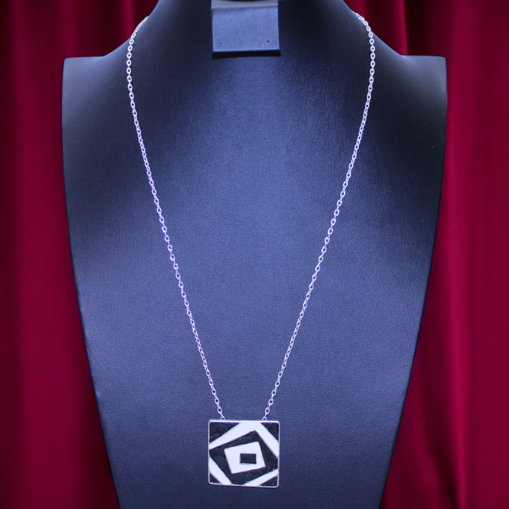 Art Deco Necklace Silver Tone Square Geometric Box Pendant Optical Illusion